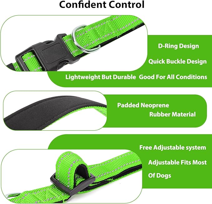 Reflective Dog Collar Padded with Soft Neoprene Breathable Quick Release Basic Dog Collars for Large Dogs Green Boy Girl