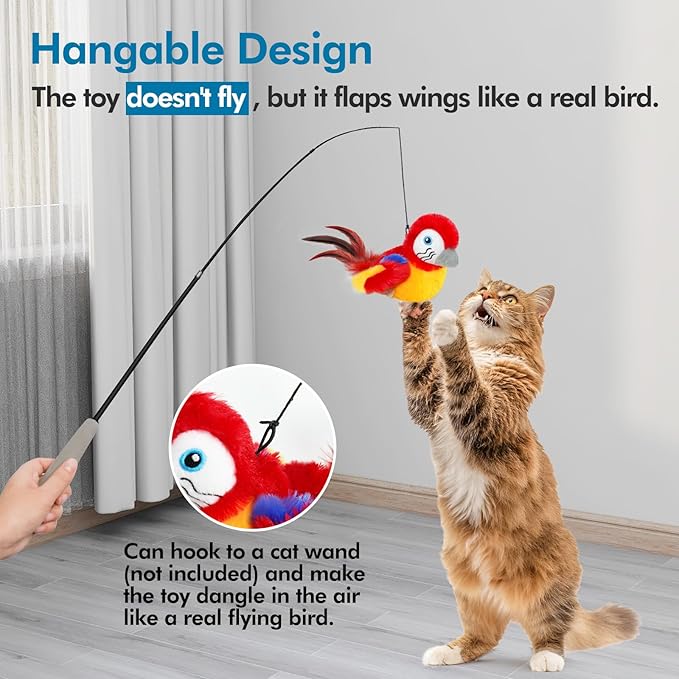 Vannon Cat Toys Flapping Bird(Cannot Fly), Rechargeable Touch Activated Kitten Toy Interactive Cat Exercise Toys with Catnip and Feather for Indoor Cat - Red