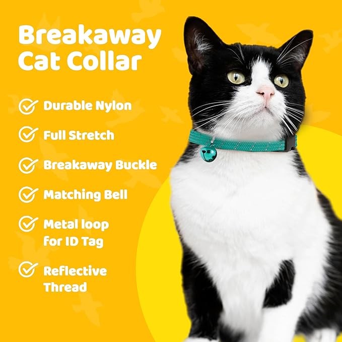 BirdsBeSafe® Break Away Cat Collar with Bell, Reflective Thread for Night Visibility, Comfortable Elastic Stretch Cat Collar to Protect Cat from Getting Stuck in The Garden.