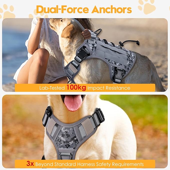 Heavy-Duty Tactical Dog Harness for Large Dogs, No Pull Adjustable Reflective Pet Vest with Molle System, K9 Military-Grade Control for Service Training, Outdoor & 10+ Breeds, Gray Camo, X-Large