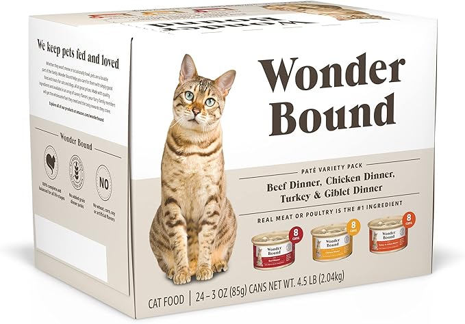 Amazon Brand - Wonder Bound Wet Cat Food, Pate, No Added Grain, Variety Pack (Beef/Chicken/Turkey & Giblet), 3 ounce (Pack of 24)