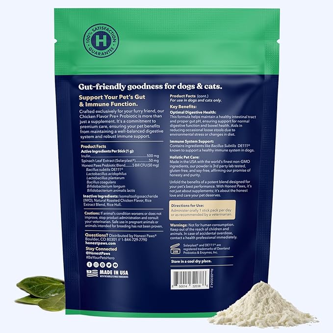 Honest Paws Probiotics for Dogs - Digestive & Immune Support Powder with Prebiotic Made in The USA, Chicken Flavor (30 Sticks)