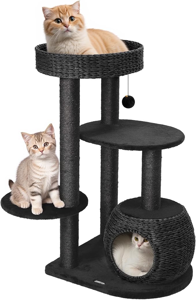 KAMABOKO Modern Cat Tree, 39" Tall Cat Trees for Indoor Cats, Cat Condo Natural Sisal with Scratching Posts, Hand-Woven Tower & Top Perch, Cat-Tree for Kittens Climb Play & Rest Black