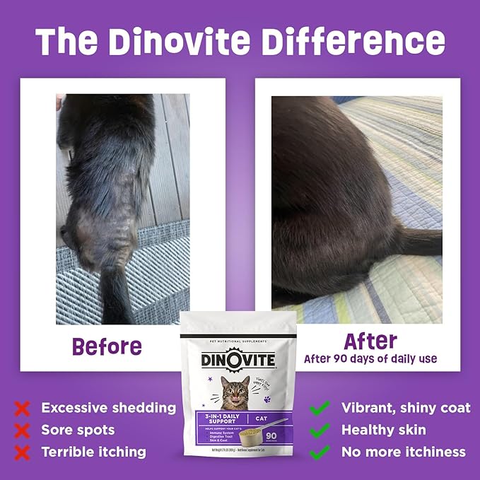 Dinovite for Cats Supplement - Immune + Digestive, Skin + Coat Support, Vitamins, Minerals, Omega 3, Enzymes, Probiotics. Reduces Shedding, Dry Skin, Itching, Stinking, Bald Spots, Seasonal Issues