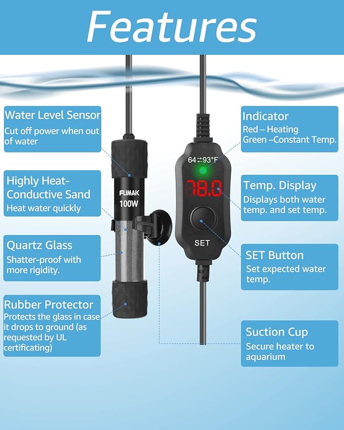 100W Adjustable Aquarium Heater Super Short Submersible Fish Tank Heater Fish Heater with LED Digital Display Thermostat, for Tanks 10-20 Gallons