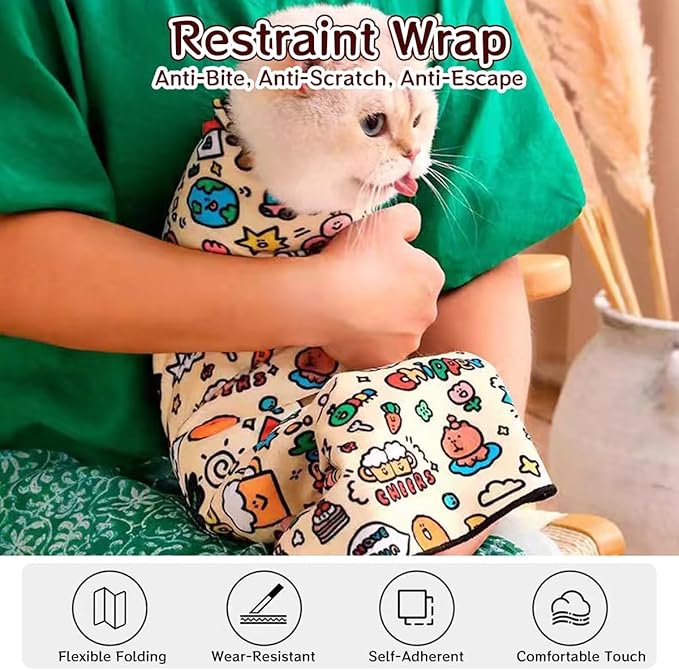 MANON ROSA Cat Grooming Wrap – Self-Adherent Anti-Scratch Swaddle Restraint Bag for Nail Cutting, Medication, Multifunctional Care - Calm Cozy Burrito Papoose Pet Magic Blanket (S Within 3.3lbs)