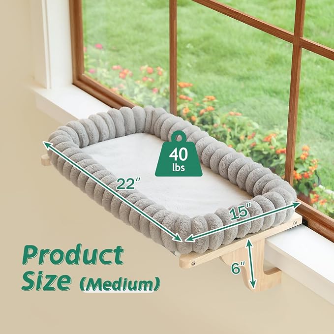 Cat Perch for Window Sill with 4-Sided Bolster - Orthopedic Cat Window Hammock - Solid Hardwood & Metal Frame - Window Seat for Pets (Natural Color Wood w/Gray Bed, Medium)