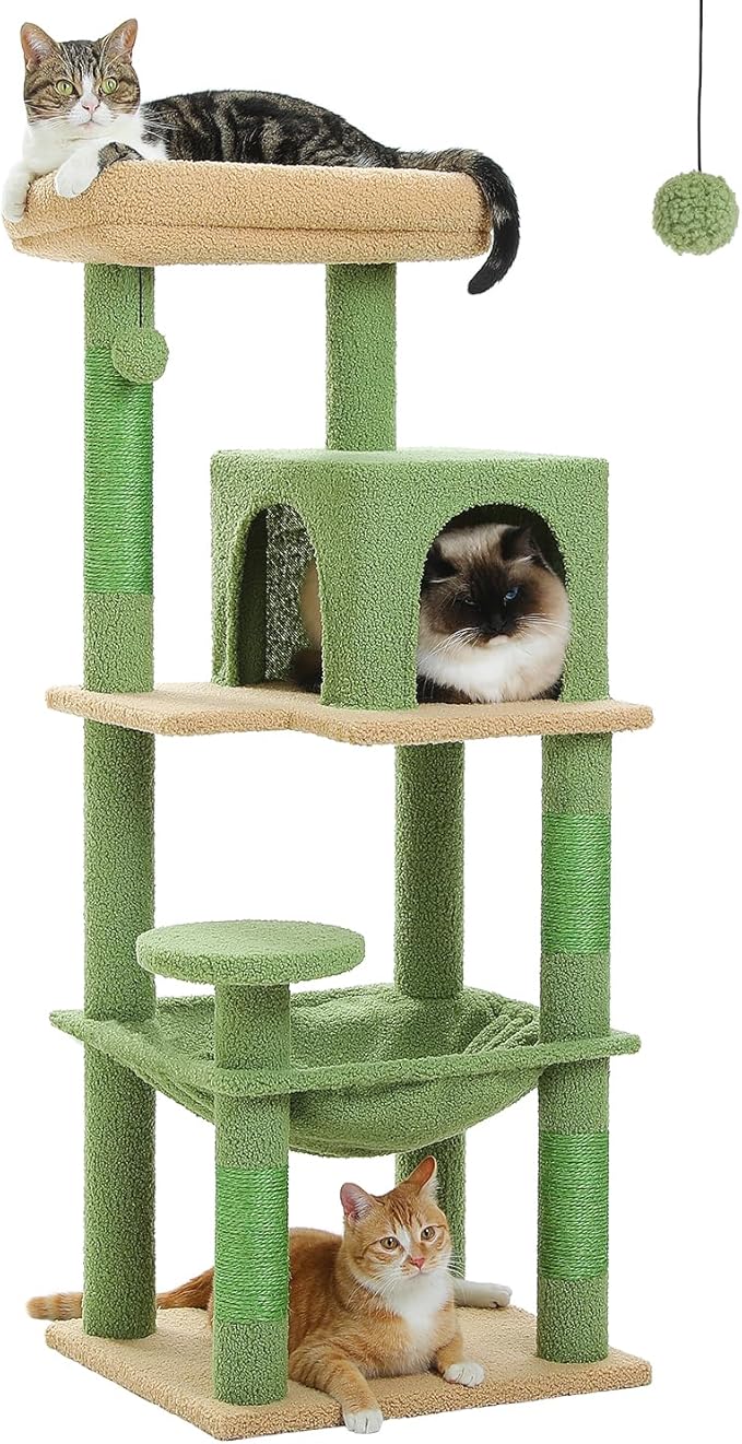 Cactus Cat Tree for Indoor Cats, 45.7" Multi-Level Cat Tower with Large Metal Frame Hammock, Cat Condo with 4 Scratching Posts and Top Perch, Green