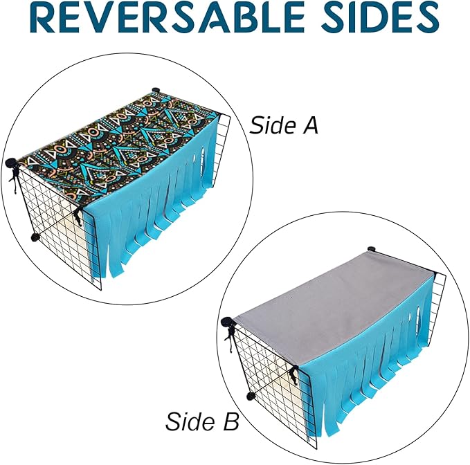 RIOUSSI Guinea Pig Hideout Hideaway Corner Fleece Toys Cage Accessories with Reversible Sides, Geo/Gray+Blue, 27"x14"x14"