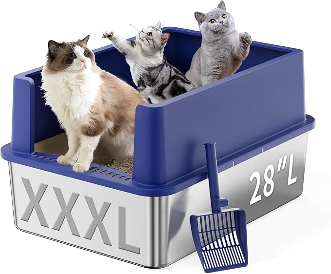 28" Extra Large Stainless Steel Cat Litter Boxes with Lid Metal Cat Litterbox Pan for Big Cats and Multiple Cats, Anti-Leakage, Easy Cleaning, Include Scoop