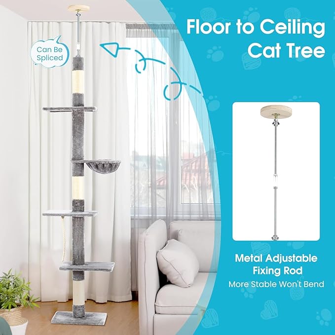 Cat Tree 5-Tier Floor to Ceiling, 89-109 Inch Adjustable Height Cat Tower with Cozy Hammock, Cat Climbing Tree for Indoor Cats, Gery