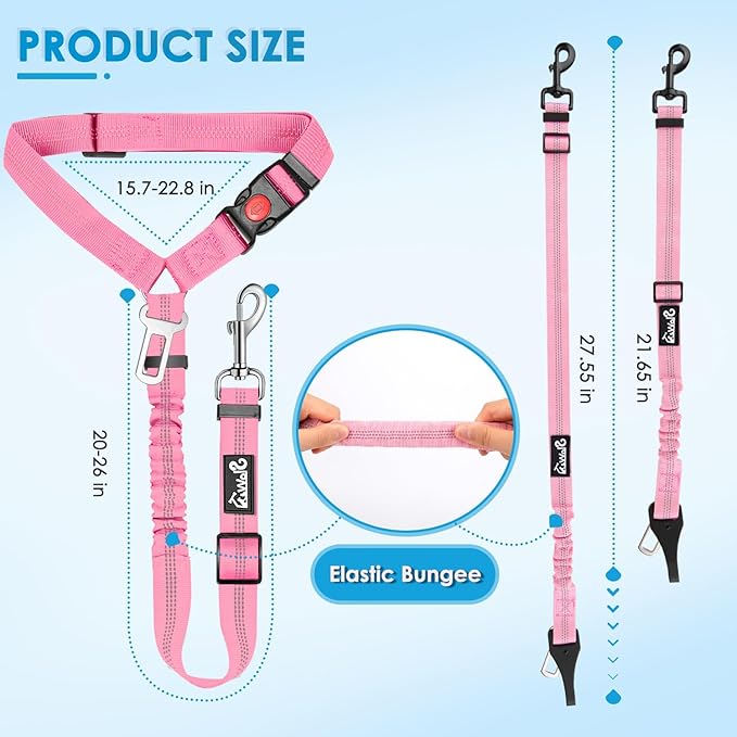 Lukovee Dog Seatbelt Leash for Cars, 2 Pack Pet Safety Seat Belt with Adjustable Buckle & Reflective Bungee, Connect Dog Harness in Vehicle Dogs Restraint Travel Daily Use (Pink)