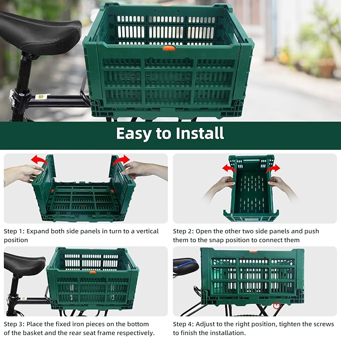 Foldable Large Green Plastic Bicycle Rear Basket with Cargo Net and Waterproof Cover Net for Shopping Outings, Pets, School, Picnics or Outdoor Activities, Easy to Install on Rack Mount