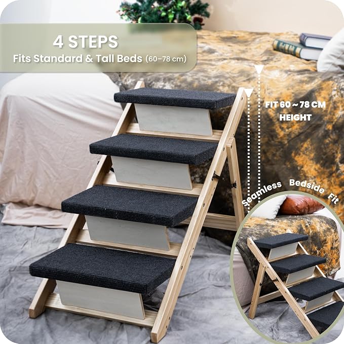 MEWANG Wood Pet Stairs & Ramp for Small/Medium Dogs and Cats, Aging Pets – 3-in-1 Foldable, Portable, Non-Slip Pet Ladder for Tall Beds, Couches,Cars–Holds Up to 220 lbs (24.8" L x 17.2" W x 19.5" H)