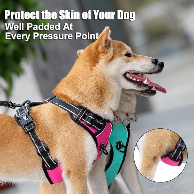 PoyPet No Pull Dog Harness, Reflective Comfortable Vest Harness with Front & Back 2 Leash Attachments and Easy Control Handle Adjustable Soft Padded Pet Vest for Small to Large Dogs (Pink,L)
