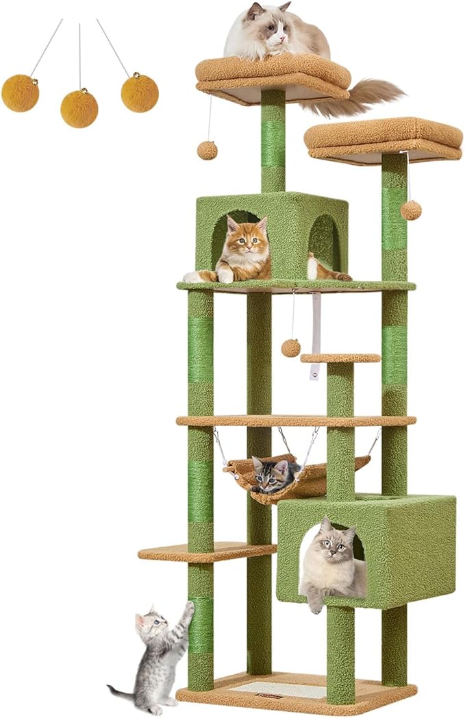 Taoqimiao Cat Tree, 68-Inch Cat Tree Cat Tower for Indoor Cats, Plush Multi-Level Cat Condo with 6 Scratching Posts, 2 Perches, 2 Caves,Hammock, 3 Pompoms,MS020ST Cactus