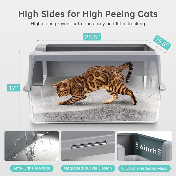 Enclosed Stainless Steel Cat Litter Box with Lid, XL Extra Large Litter Box for Big Cats, Metal Litter Pan High Sided, Never Absorbs Odors, Anti-Urine Leakage, Include Scoop (SH-Light Gray)