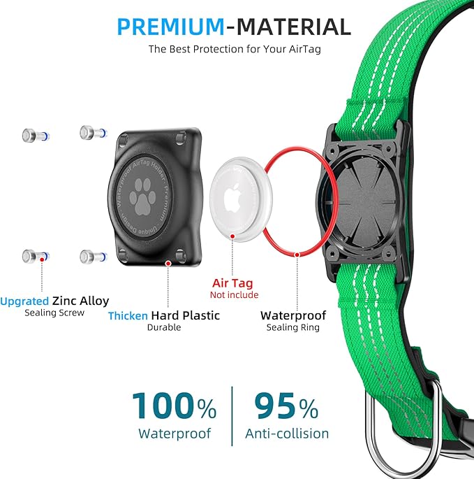 Upgraded AirTag Dog Collar, IP68 Waterproof Air Tag Dog Collar Holder, Reflective, Ultra-Durable, Comfortable Padded, Heavy Duty Dog Collars for Small Medium Large Dogs (L (14.8"-20.3"), Teal)