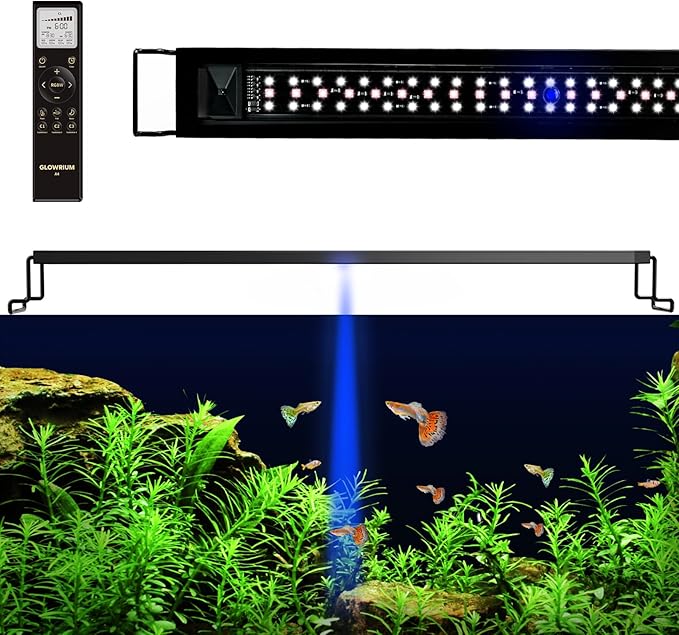 GLOWRIUM LED Aquarium Light with Remote, Full Spectrum Fish Tank Light with Auto Timer, IP67 Waterproof Freshwater Planted Tank Light, Dimmable RGB+W+Moon LEDs with High Performance (23W 30-35inch)