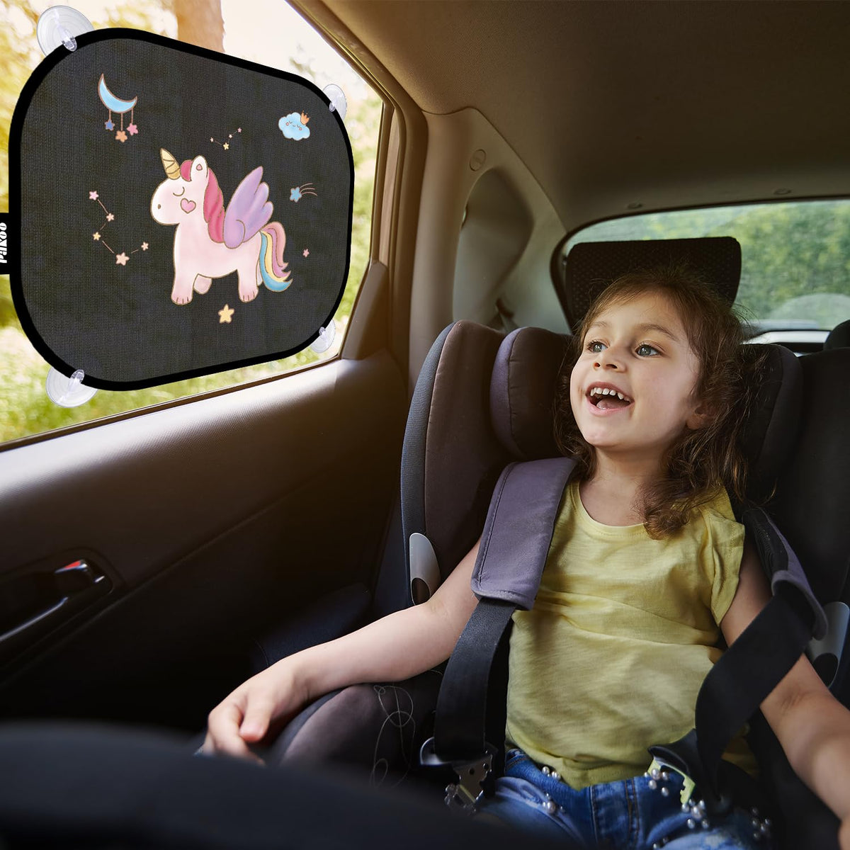 Pakoo Car Sun Shade for Baby with UV Protection, 2 Pack UV Protection Breathable Car Window Sun Shade for Children with Cute Animal Motifs, 17.7 x 14 inches Sun Shades with 8 Cups