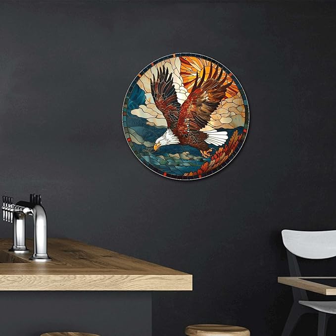 Lygond Metal Sign Tin Sign Circular Stained Glass American Bald Eagle Bathroom Signs for Home for Garden 12×12 Inches
