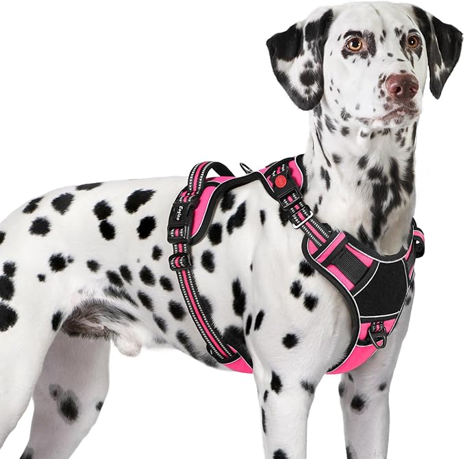 Eagloo Dog Harness for Large Dogs, Easy Wearing with 3 Buckles, Adjustable No Pull Pet Harness with 2 Rings for Walking, No Chock Reflective Soft Padded Vest with Control Handle, Pink & Black, XL