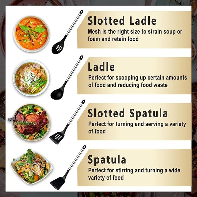 Pleafind 4-Pcs Silicone Cooking Utensils Set, Wok Utensils Set Include Wok Ladle, Slotted Spoon, Solid Spatula and Slotted Spatula, Silicone and Stainless Steel Kitchen Utensils, Dishwasher Safe