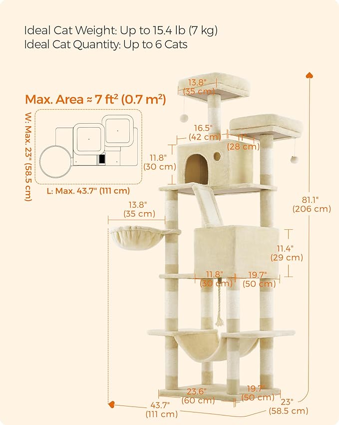 Feandrea Cat Tree, 81.1-Inch Large Cat Tower with 13 Scratching Posts, 2 Perches, 2 Caves, Basket, Hammock, Pompoms, Multi-Level Plush Cat Condo for Indoor Cats, Beige UPCT190M01
