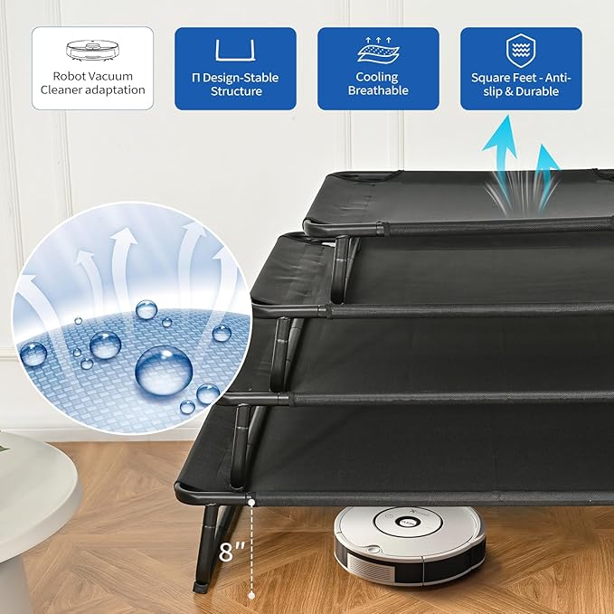 Cooling Elevated Dog Bed, Raised Outdoor Dog Bed Waterproof Pet Beds Cots Stable and Easy Assembly, Teslin Fabric with 1.2mm Thick Iron Frame, Breathable, Ultra-Sturdy，Black, 48 * 32 * 8.7
