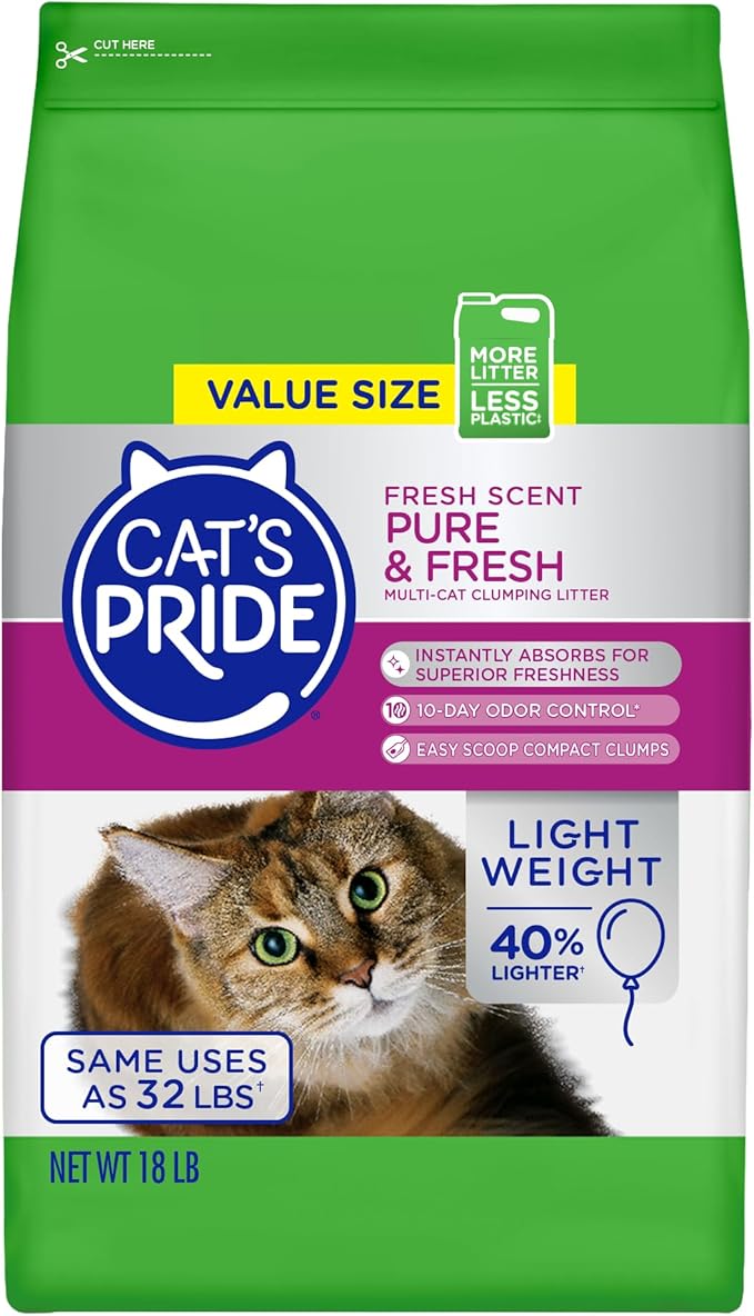Cat's Pride Premium Lightweight Clumping Litter: Pure & Fresh - Up to 10 Days of Powerful Odor Control - Multi-Cat, Scented, 18 Pounds