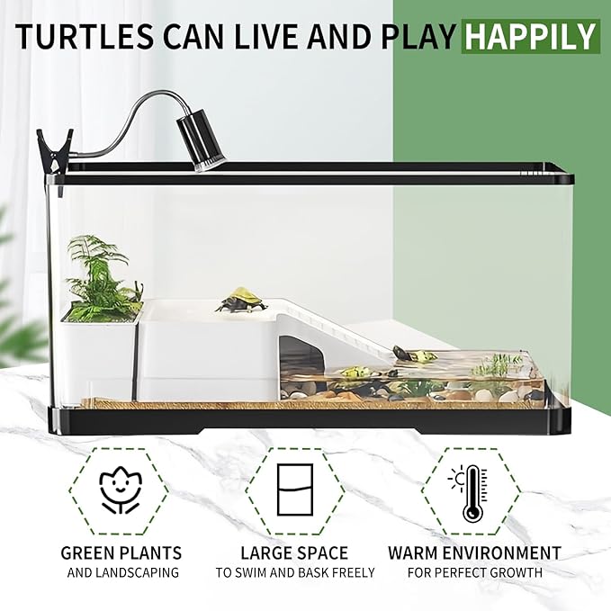 (Tank + Light + Filter Balls) Turtle Tank Kit, Turtle Tank Starter Kit,Bottom Drainage, Multi-Function Areas for Turtles, Crabs,Fishes, Amphibians,Reptiles.(11.81 × 7.88 × 7.88 Inch)