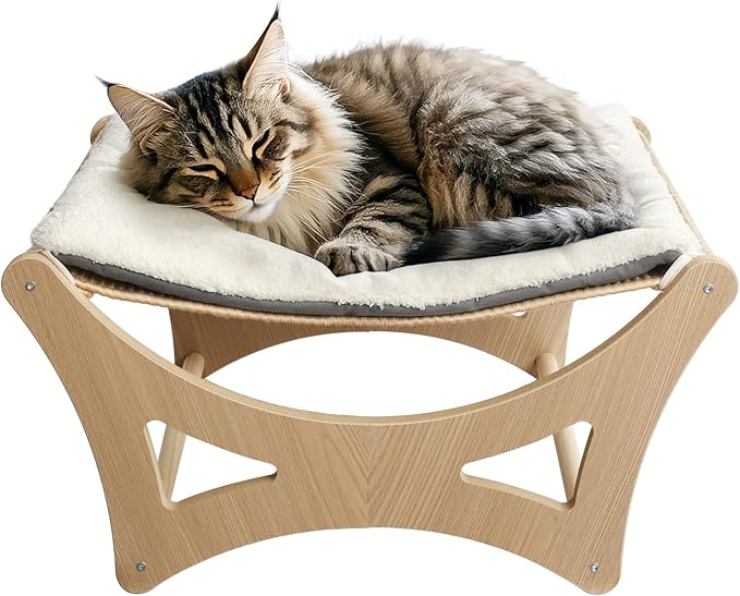Cat Hammock Bed, Wooden Elevated Cat Beds with Natural Sisal Scratching Mat, Cats Scratcher Bed with Removable Soft Cushion, Cats Scratching Beds with Wood Frames, 22" L x 17.7" W
