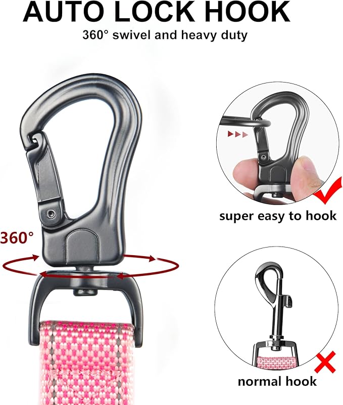 TwoEar 6FT 1IN Strong Pink Dog Leash with 2 Padded Handles, Traffic Handle Extra Control, Comfortable Soft Dual Handle, Auto Lock Hook, Reflective Walking Lead for Small Medium and Large Dogs