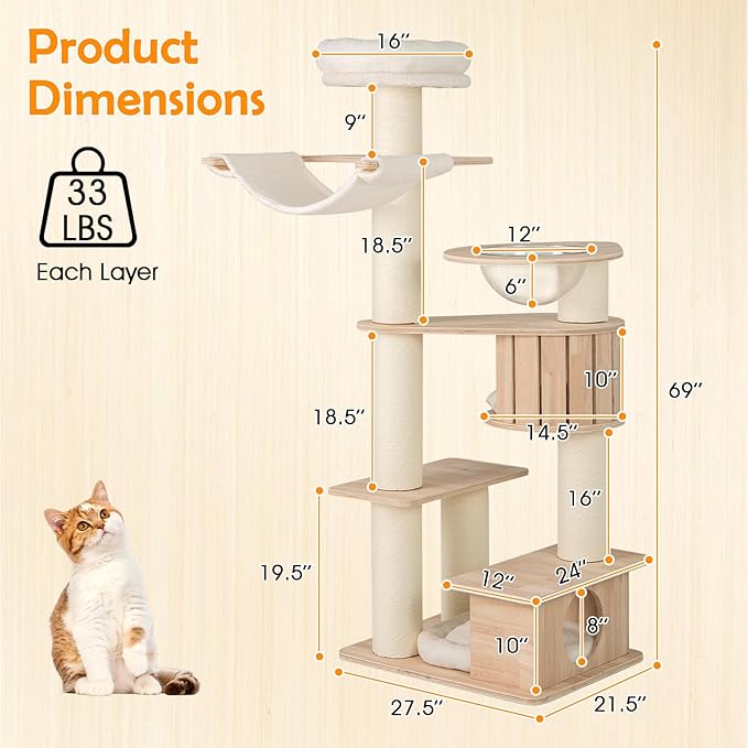 Tangkula 69” Tall Cat Tree, Multi-Layer Wood Cat Tower with Scratching Posts, Perch, Condo, Space Capsule, Hammock, Washable Cushions, Modern Cat Tree Tower for Indoor Cats Large Adult