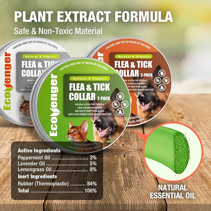EcoVenger Flea & Tick Collar Repellent 2-Pack Green, Fits Both Dogs & Cats, Built-in Pant-Based Formula Strong Repellency Slow Release, Lasting Deterrence and Protection, Pleasant Aroma, Waterproof