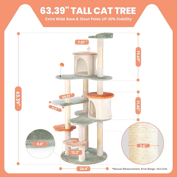 HYABi 63-inch Cat Tree for Large Cats, Multi-Level Flower Tower with Condo, Sisal Scratching Posts & Toy Balls, Sturdy & Safe Indoor Playhouse