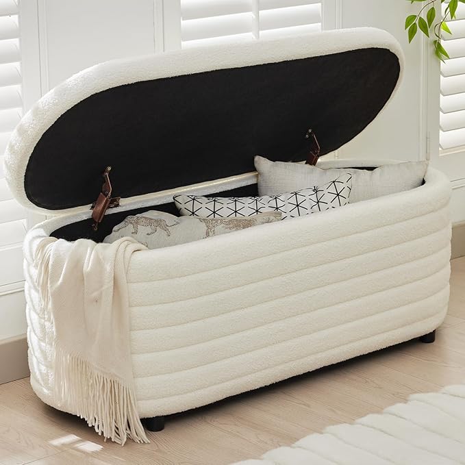 Storage Teddy Ottoman Bench Upholstered Fabric Storage Bench End of Bed Stool with Safety Hinge for Bedroom, Living Room, Entryway, Closet(44.5", White)