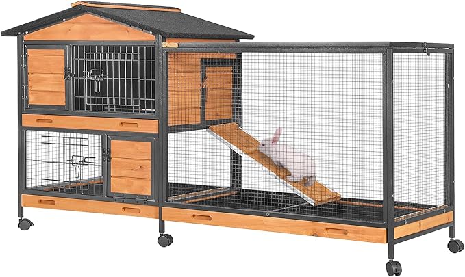 GUTINNEEN Rabbit Hutch with Chew-Resistant Metal Frame Indoor Bunny Cage Outdoor Rabbit Cage with Wheels and Leakproof Tray