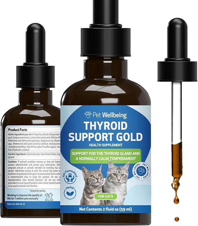 Pet Wellbeing Thyroid Support Gold for Cats - Supports Healthy Thyroid Gland Function in Cats, Normal Metabolism, Bugleweed, Lemon Balm - Veterinarian-Formulated Herbal Supplement 2 fl oz (59 ml)