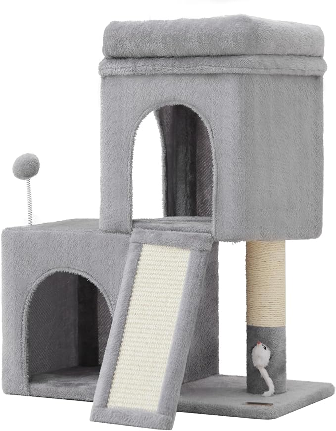 24inch Tall cat Tree with 2 cat condo and Mouse Toy Cozy Small cat Tower with Scratching Post and Board for Kitties and Small Cats.（Light Grey）