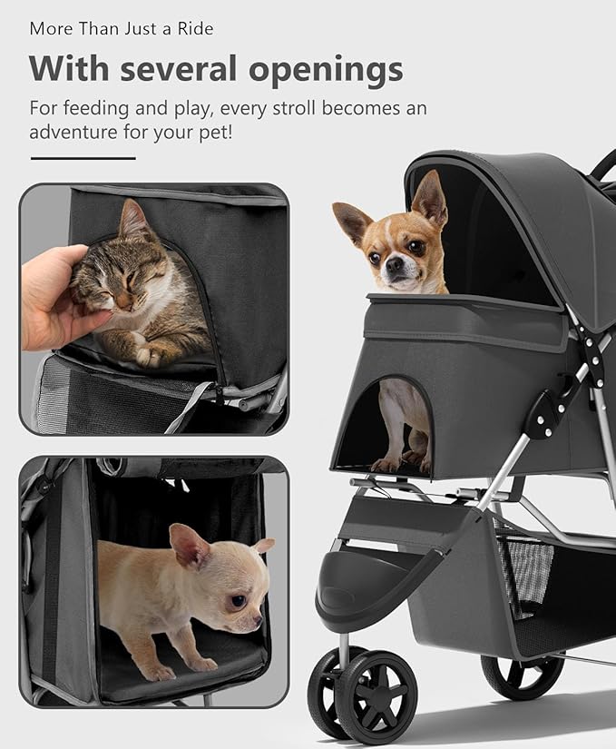 Pet Stroller with 3 Wheels for Small/Medium Pets, Portable Travel Foldable Carrier Jogger for Dog Cat Puppy Kitty, Rear Wheel Breaks, Storage Basket, Visible Mesh with Weather Cover (Black)