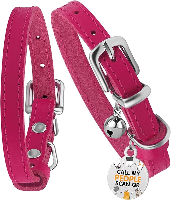 BRONZEDOG Leather Cat Collar with Removable Bells Non Breakaway Kitten QR Tag for Girl Boy (7" - 9" for Cats, Pink & Silver)