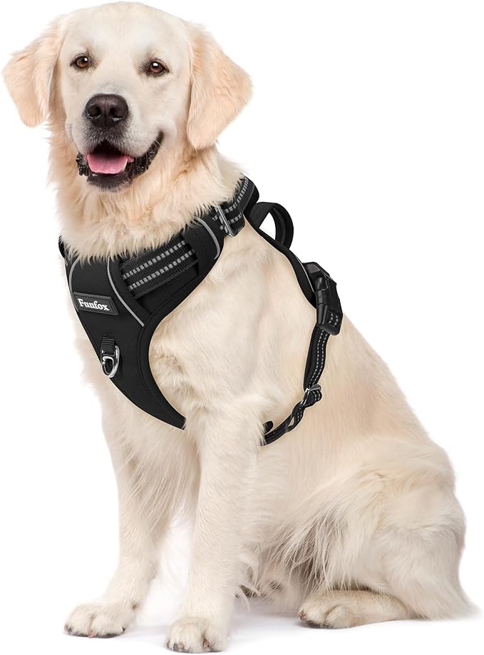 Funfox Dog Harness No Pull, Adjustable Dog Vest Harness Super Soft, 2 Leash Clips Anti Pull, Vertical Handle Easy to Control, Reflective Night Walking for Large Breed, Black, L