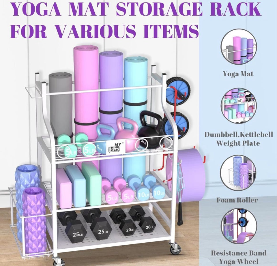 Mythinglogic Yoga Mat Storage Racks, Home Gym Storage Rack for Dumbbells Kettlebells Foam Roller, Yoga Strap and Resistance Bands, Workout Equipment Storage Organizer With Hooks and Wheels