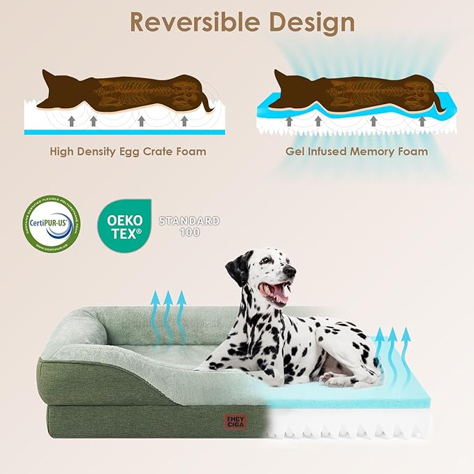 EHEYCIGA Memory Foam Dog Bed for Large Sized, Orthopedic Dog Sofa with Sides and Waterproof Liner, Washable Bolster Pet Couch with Removable Cover, 41x27x7.5 Inch, Green