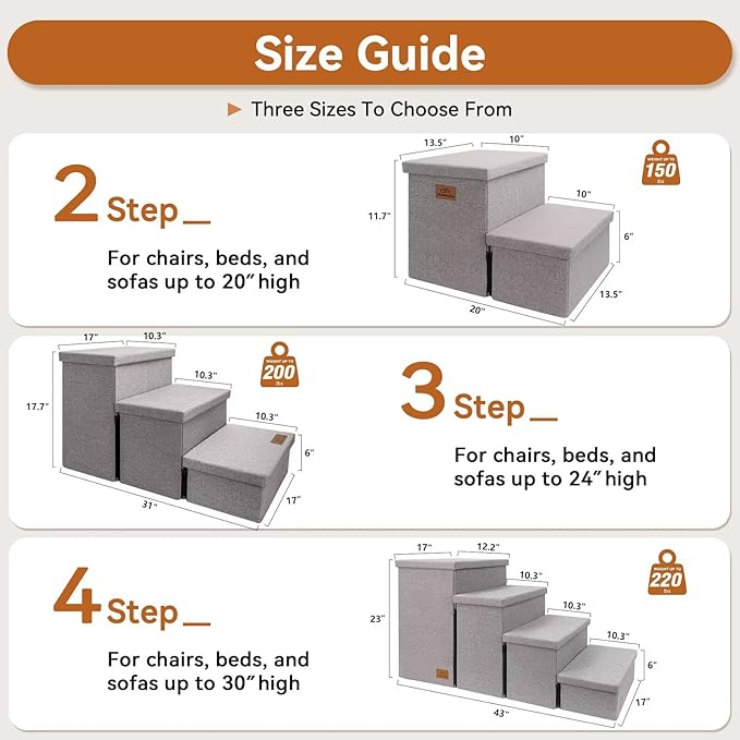 Dog Stairs with Storage 12" H, 2-Step Wider Dog Steps for Dogs Cats, Folding Sturdy Pet Stairs Climbing Sofa Couch, Ramp for Car Hold Up to 150 lbs (Gray, No Condo)