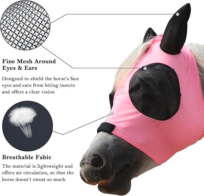 Horse Fly Mask with Ears - Large Eye Space for Full Vision, Breathable Stretch Comfort Fit, UV Protection, Forelock Opening, Easy Pull-On Pink Pony