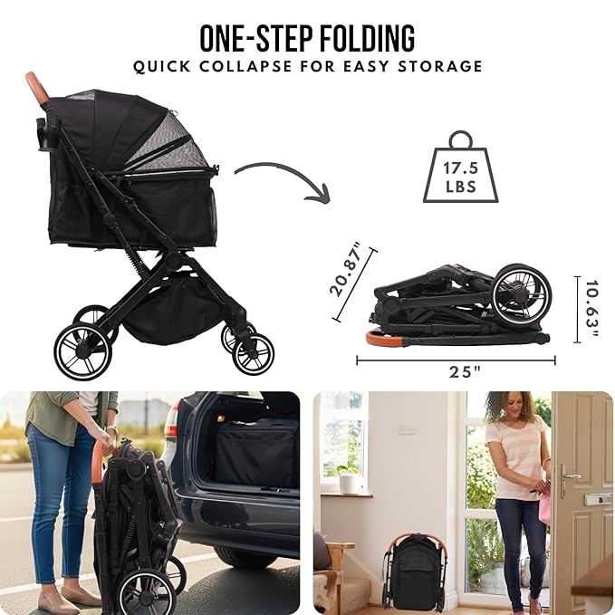 Pet Stroller for Small Medium Dogs Cats Up to 45 lbs, Travel Lite Collapsible, All Terrain 4 Wheels for Jogging, Running, Black