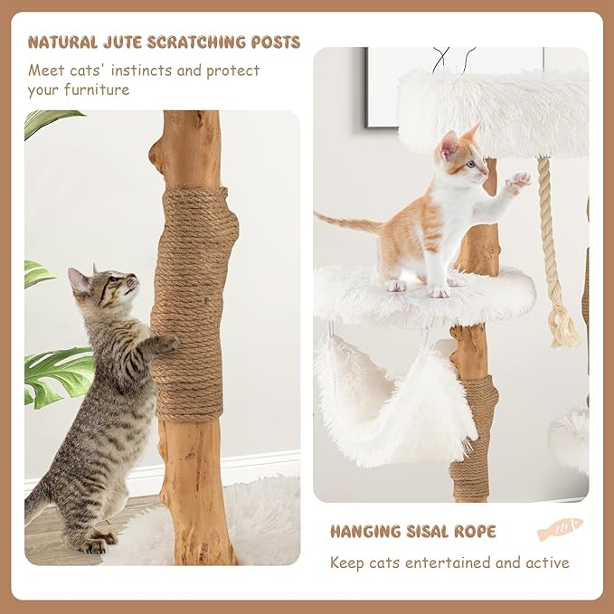 Tangkula Cat Tree Tower, Solid Wood Modern Cat Tower with Cozy Top Perch, 2 Platforms & 1 Hammock, Natural Branch Cute Cat Tree with Scratching Posts & Sisal Rope for Indoor Cats