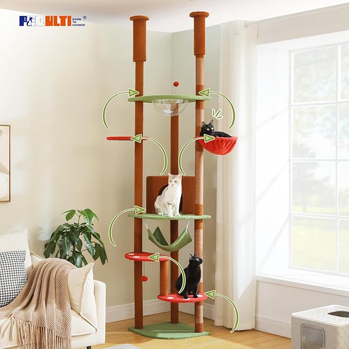 PEQULTI Floor to Ceiling Cat Tree 92.9’’-101.6’’ Height Adjustable Mushroom Cat Tower Tall Climbing Play House with Scratching Posts, Cozy Condo, Perches and Large Hammock for Indoor Cats Brown